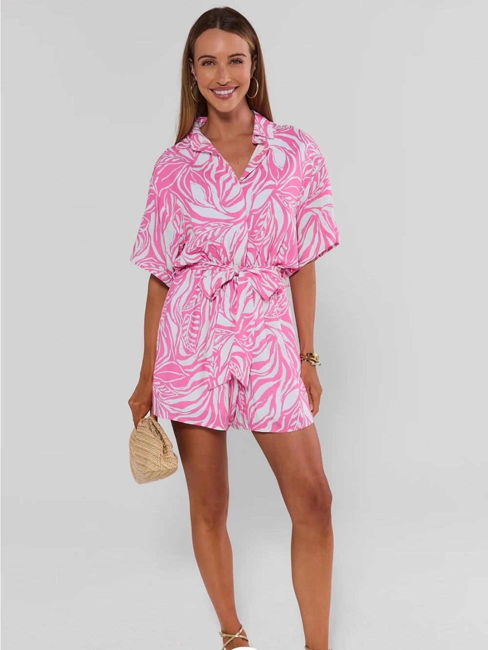AVARA Pink & White Printed Tie-Waist Romper